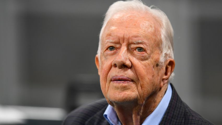 ATLANTA, GA - SEPTEMBER 30: Former president Jimmy Carter prior to the game between the Atlanta Falcons and the Cincinnati Bengals at Mercedes-Benz Stadium on September 30, 2018 in Atlanta, Georgia. (Photo by Scott Cunningham/Getty Images)